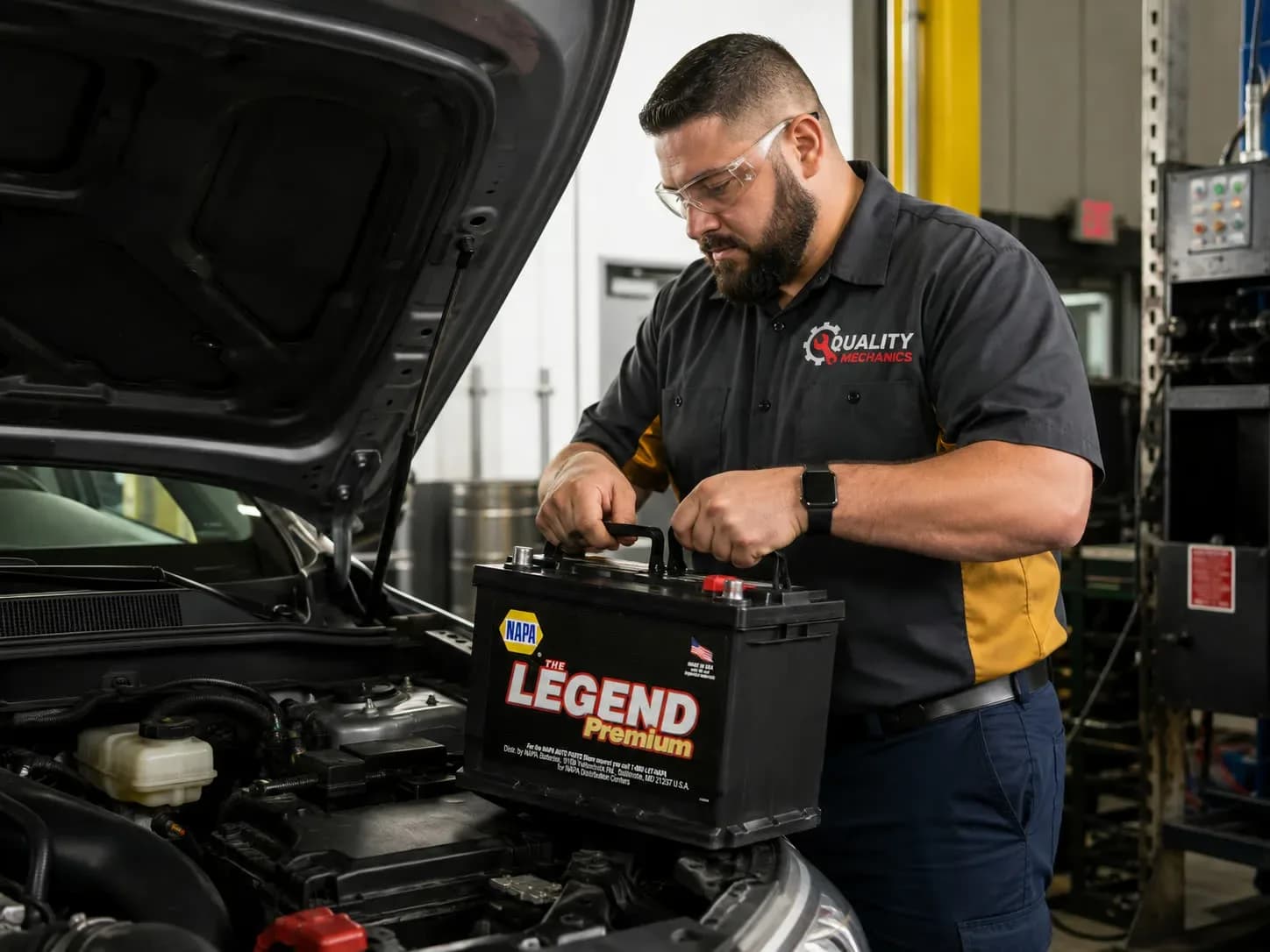 Quality Mechanics technician installing a NAPA Legend Premium battery