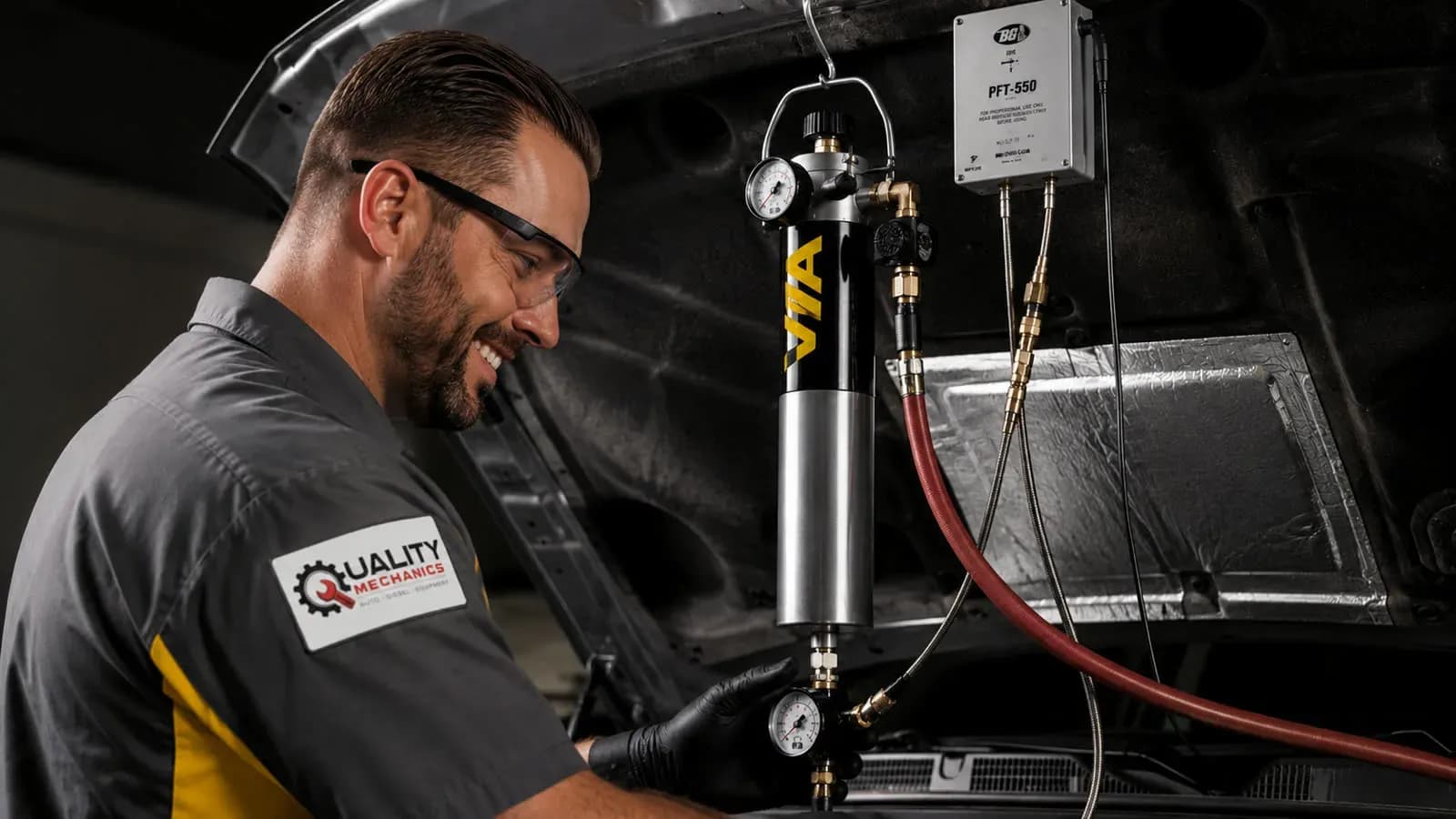 Quality Mechanics technician performing a BG diesel service with the VIA injection apparatus