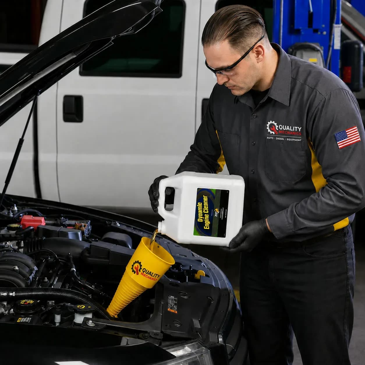 Quality Mechanics technician adding BG engine cleaner during an Engine Performance Service