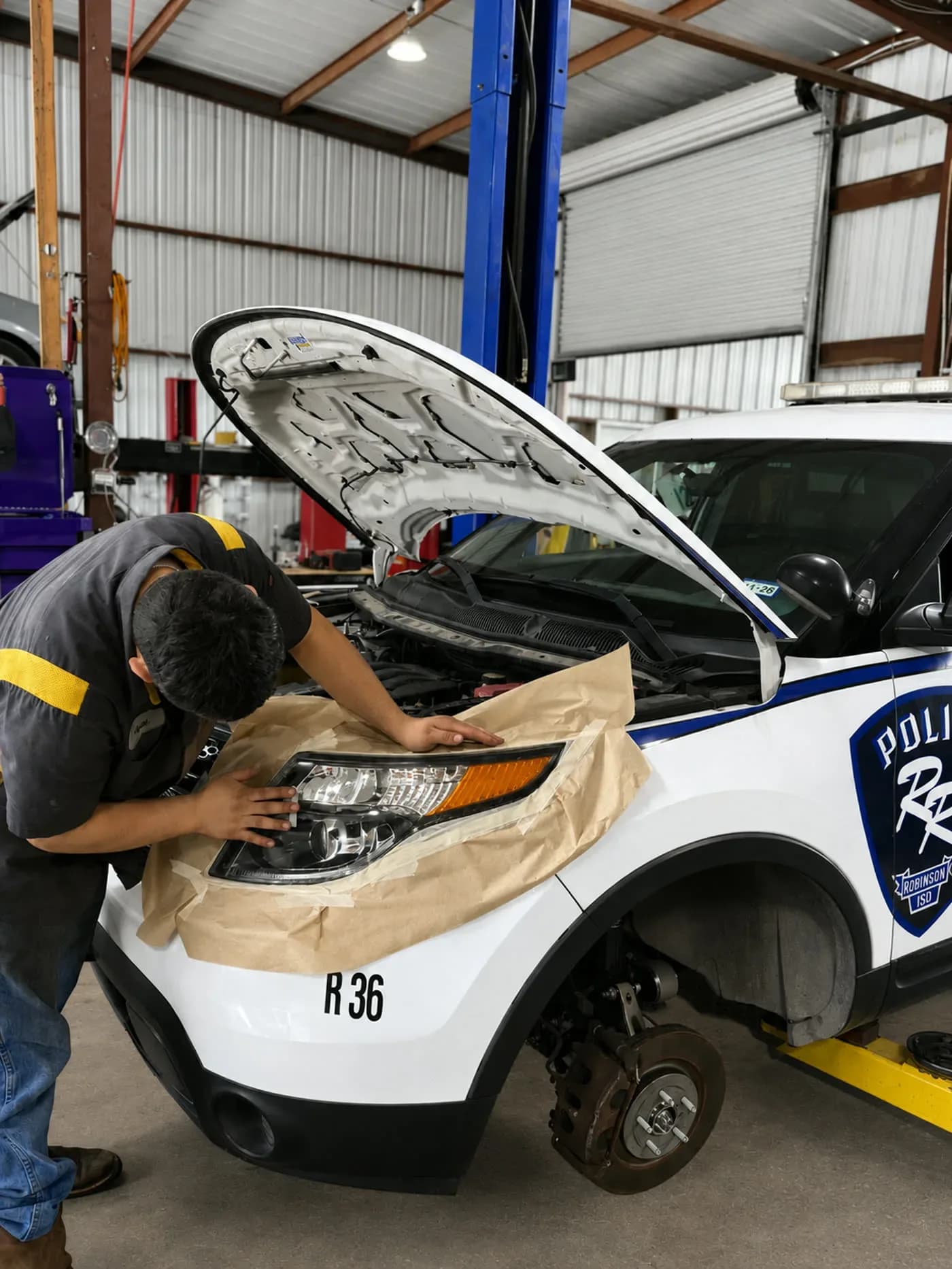 Technician restoring a headlight lens at Quality Mechanics in Waco, TX