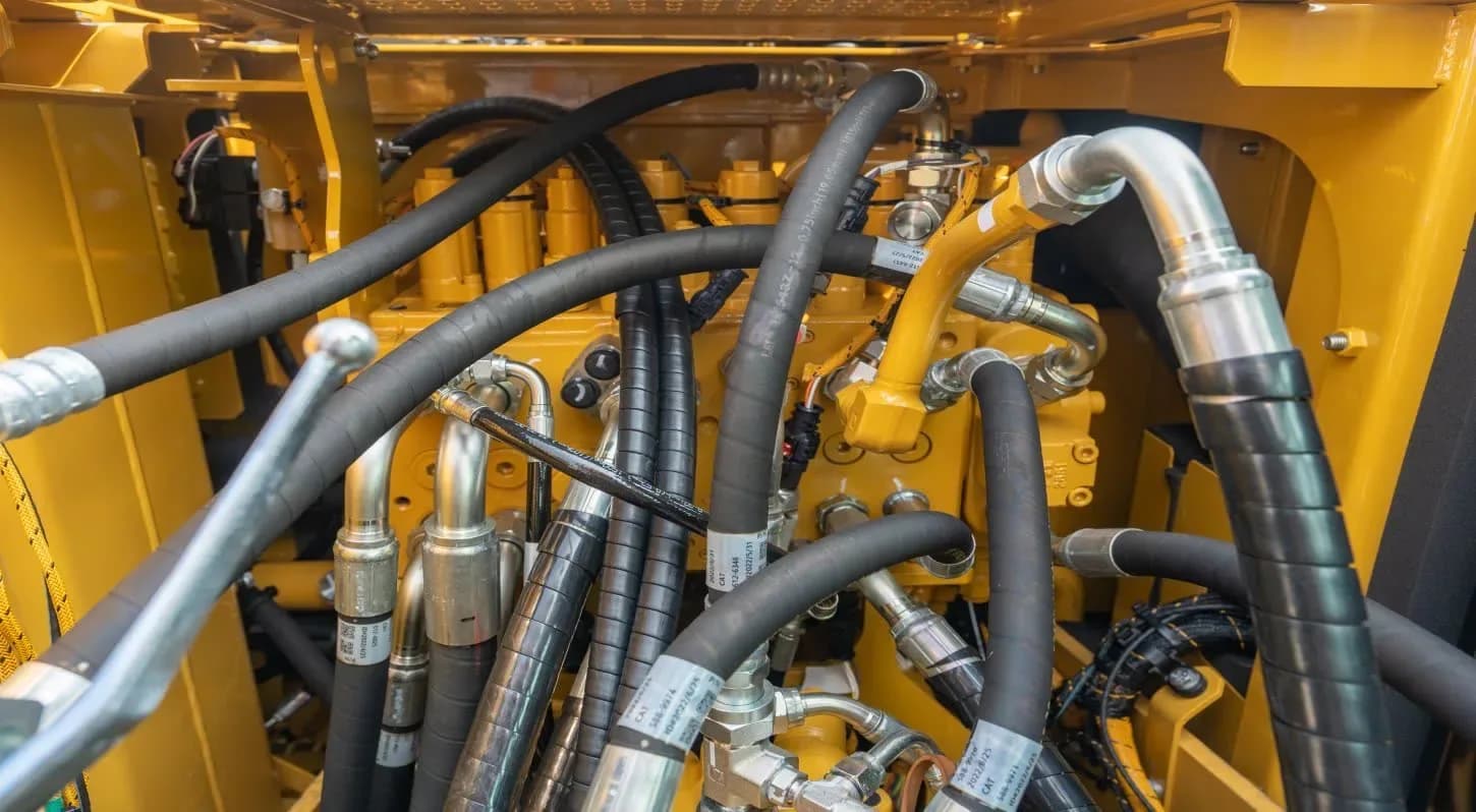 Hydraulic hoses and valve bank on a CAT excavator