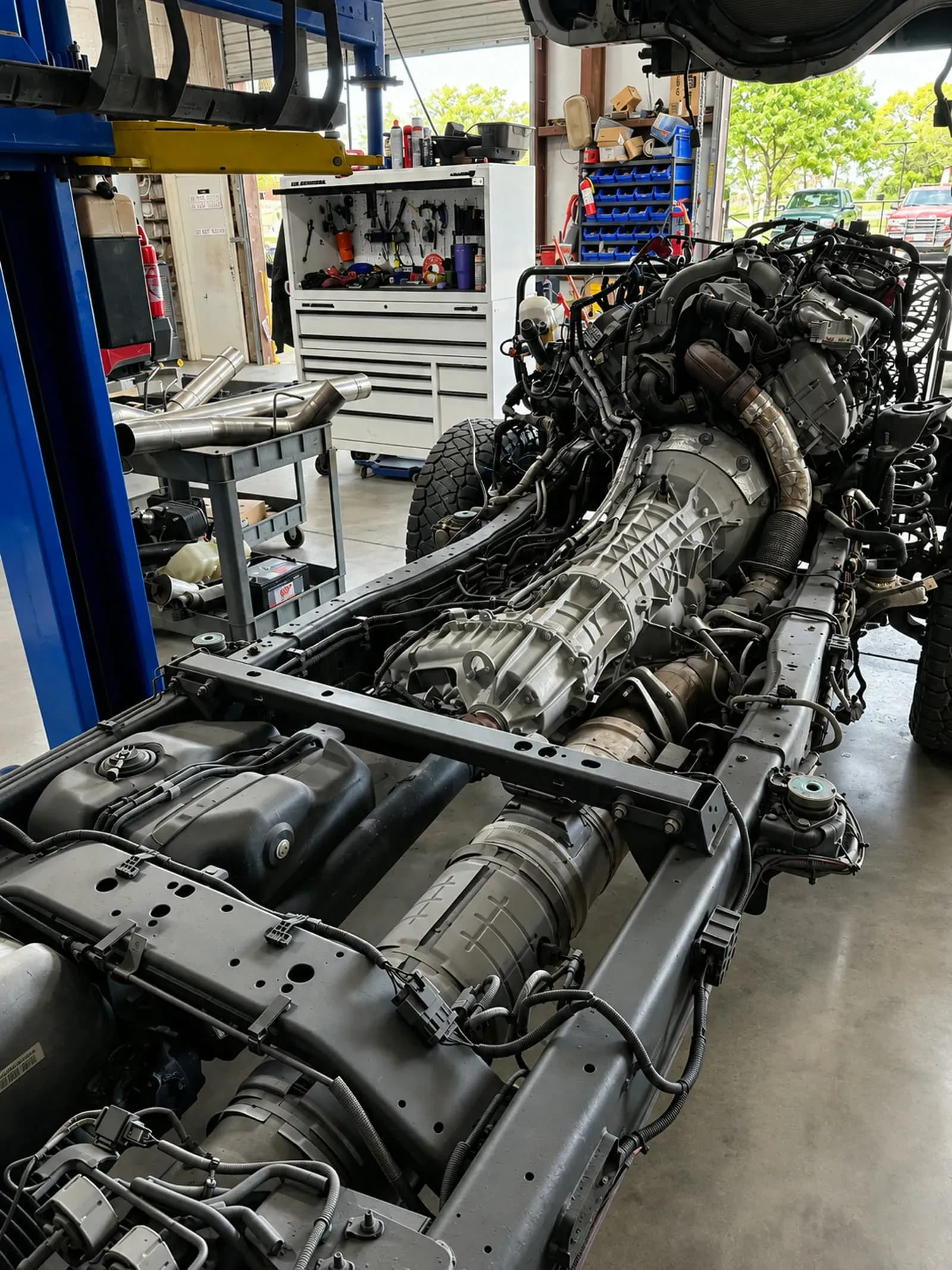 Truck chassis with the transmission exposed during drivetrain work at Quality Mechanics