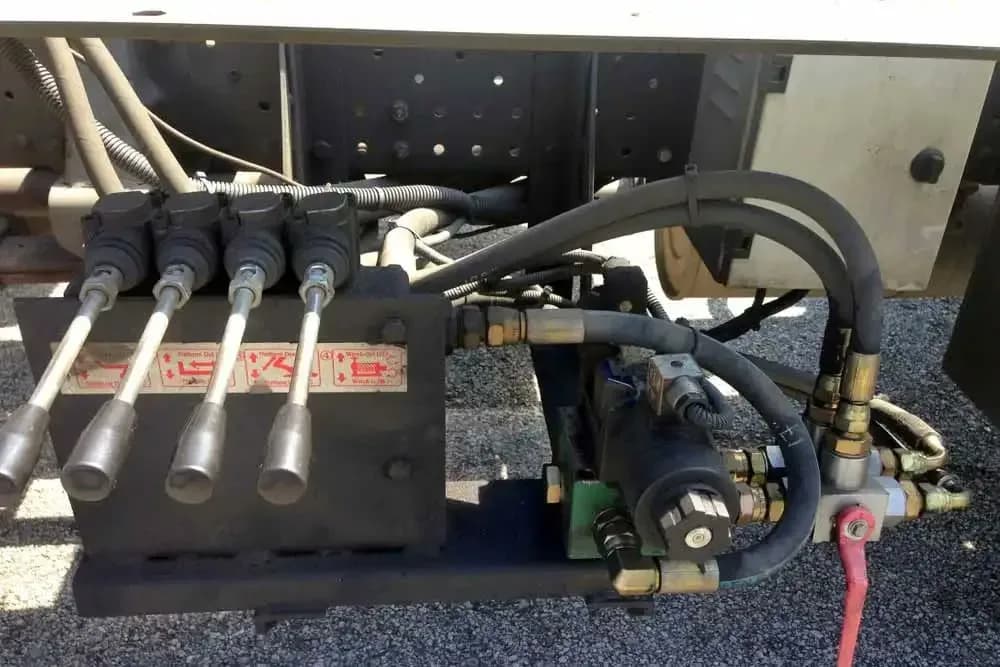Hydraulic control valve levers and hoses on a work truck wet kit
