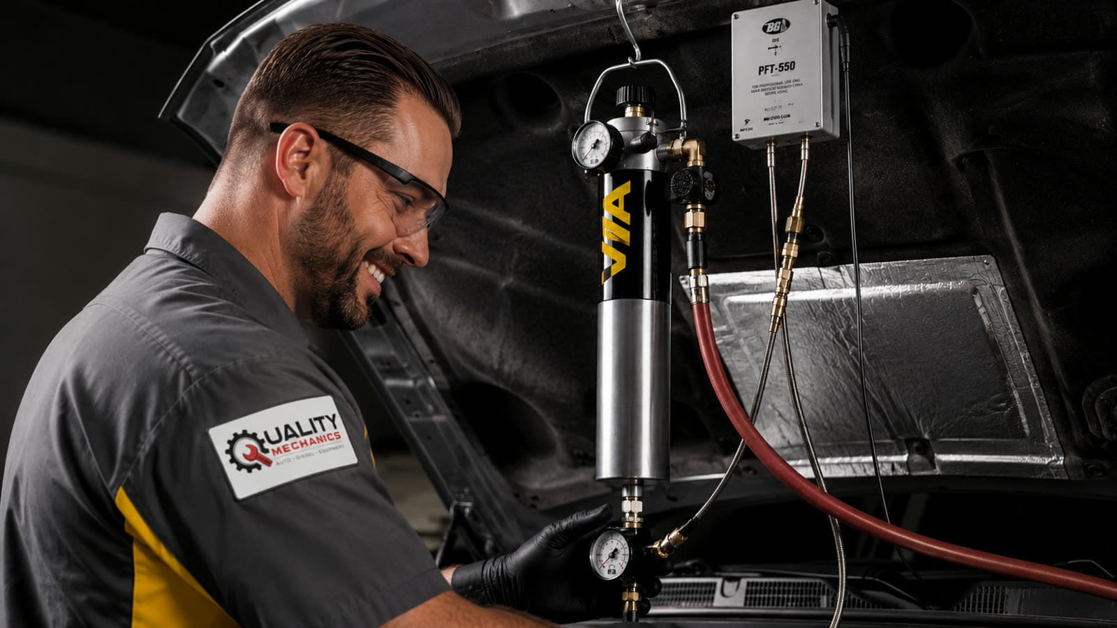 Technician performing a BG diesel injection service with the VIA apparatus on a diesel pickup