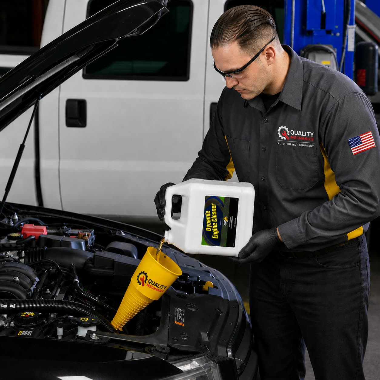 Quality Mechanics technician adding BG engine cleaner to the crankcase during an Engine Performance Service