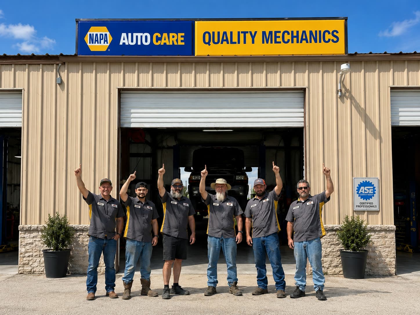The Quality Mechanics crew pointing up at the NAPA AutoCare sign in front of the shop on Gholson Road in Waco